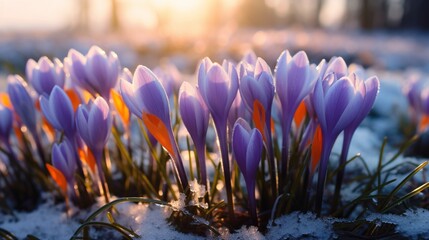 spring crocus flowers field over sunrise generated by AI tool 