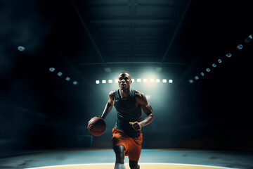 Fototapeta premium Basketball player demonstrates incredible power and skill, the court ablaze with stunning smoke and lighting effects, showcasing the player's prowess. Generative AI.