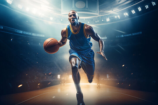 Basketball player demonstrates incredible power and skill, the court ablaze with stunning smoke and lighting effects, showcasing the player's prowess. Generative AI.