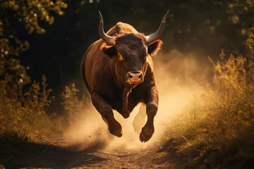 Zelfklevend Fotobehang Running bull in the wild © Veniamin Kraskov