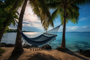 Tropical island paradise with hammock between palm trees.