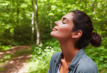 beautiful woman with closed eyes in the serene forest feeling the zen of the nature , mental health and wellness background