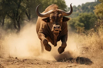Wandcirkels aluminium Running bull in the wild © Veniamin Kraskov