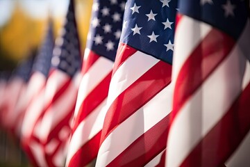 Closeup of an American flag in a row.