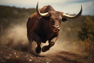 Gordijnen Running bull in the wild © Veniamin Kraskov