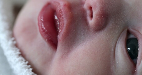 Close-up of newborn face, details of mouth, nose, and yes of infant macro