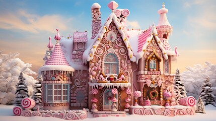 Gingerbread house in the snow. Christmas and New Year concept.Fairy-tale castle in the snow. Winter fairy tale. - obrazy, fototapety, plakaty