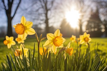 Fototapeta premium Daffodils in spring backlit by sun.