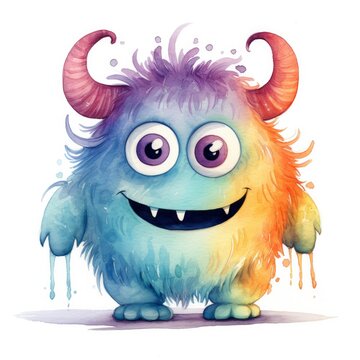 Watercolor cute monster on white background.