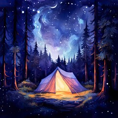 A Camping Tent in the forest with Night sky, watercolor for T-shirt Design.