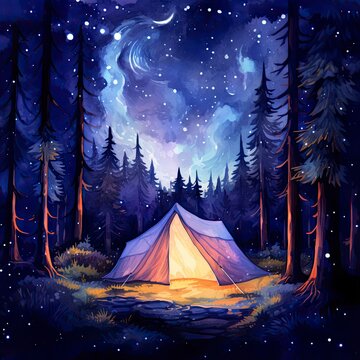 A Camping Tent in the forest with Night sky, watercolor for T-shirt Design.