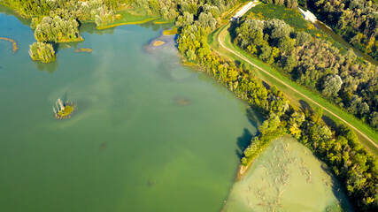 Aerial view of the Secchia River expansion basin oriented nature reserve. It is a protected natural area with small lakes located near Modena, Emilia Romagna, Italy.