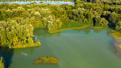 Aerial view of the Secchia River expansion basin oriented nature reserve. It is a protected natural...