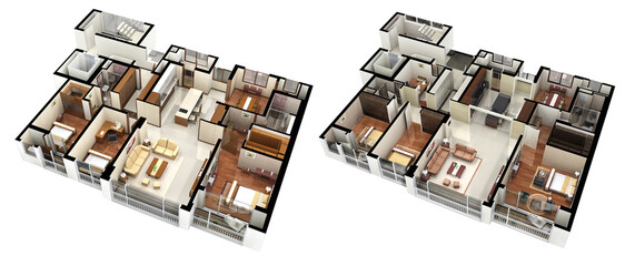 3d rendering of a modern villa unit plan. Architectural illustration of a modern apartment unit plan interior.