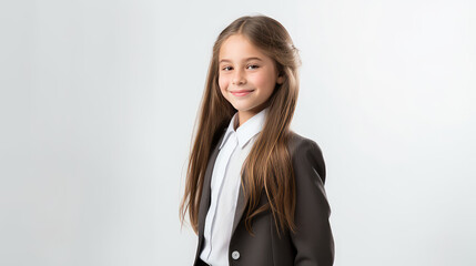 Obraz premium Pretty happy girl in school uniform portrait, ready for school, banner template with copy space for text. 
