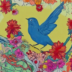 Blauer Vogel auf Frühlingsblumen, Illustration