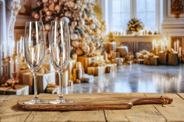 Champagne glasses and New Year time party in home interior. Desk of free space. 