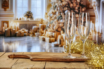 Champagne glasses and New Year time party in home interior. Desk of free space. 