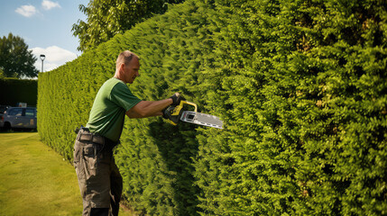 Fototapeta premium Sunny day, professional gardener trimming a hedge, cut green bushes near the house.