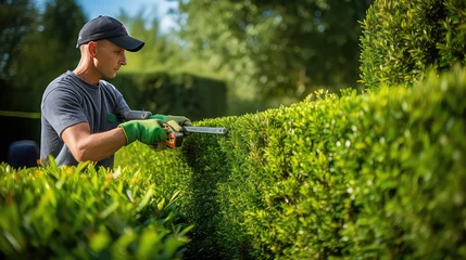 Foto op Aluminium Sunny day, professional gardener trimming a hedge, cut green bushes near the house. © IndigoElf