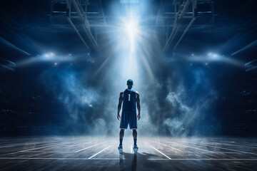 Fototapeta na wymiar Wide-angle perspective of a basketball player positioned with their back to the basketball hoop, amidst impressive lighting and smoke effects on the court. Generative AI.