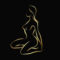 Beautiful woman body logo. Young female silhouette. Elegant, feminine lines. Beauty icon isolated on dark background. Long wavy hairstyle attractive model. Glamour style nude figure.