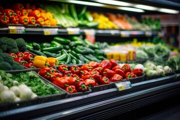 Fruits and vegetables on shop stand in supermarket grocery store.