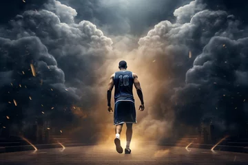 Fotobehang Wide-angle perspective of a basketball player positioned with their back to the basketball hoop, amidst impressive lighting and smoke effects on the court. Generative AI. © Surachetsh