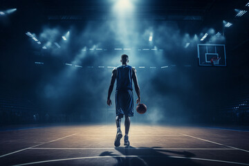 Fototapeta na wymiar Wide-angle perspective of a basketball player positioned with their back to the basketball hoop, amidst impressive lighting and smoke effects on the court. Generative AI.