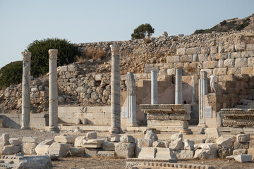 Ancient ruins of Knidos in Datça with marble columns and statues