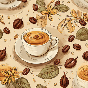 A repeatable pattern that is coffee themed.  Great for wallpapers, backgrounds, etc.