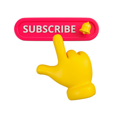 A yellow hand presses a red subscribe button with a bell. Social media, channel or blog marketing concept. 3d rendering.