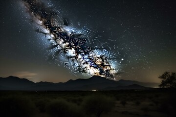 A dark sky full of stars and a majestic galaxy shining brightly, with distant mountains silhouetted in the foreground. Generative AI