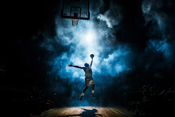 Wide-angle perspective of a basketball player positioned with their back to the basketball hoop, amidst impressive lighting and smoke effects on the court. Generative AI. - obrazy, fototapety, plakaty