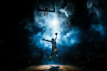 Keuken spatwand met foto Wide-angle perspective of a basketball player positioned with their back to the basketball hoop, amidst impressive lighting and smoke effects on the court. Generative AI. © Surachetsh