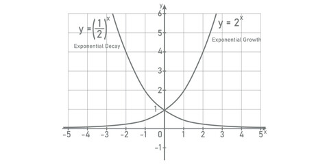Graphing exponential growth and decay functions. Mathematics resources for teachers and students. Vector illustration.