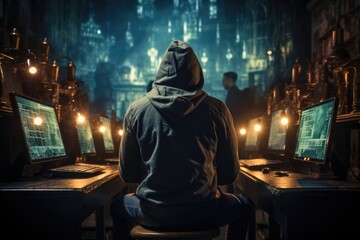 Fototapeta na wymiar Male hacker sitting with computer