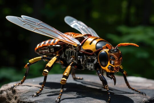 Micro robot in shape of a wasp, shiny nanodroid with yellow black details
