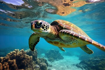 Fototapeta premium Green turtle at the seawater.