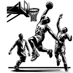 Vector image of three basketball players in action on the court © Pawel