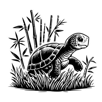 Vector image in black and white of a small turtle in bamboo plants
