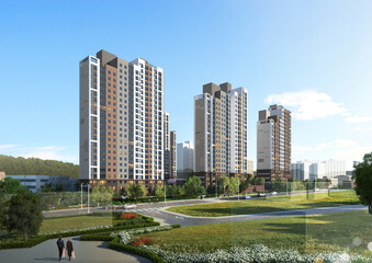 Fototapeta na wymiar downtown city, 3d architectural rendering perspective view of modern apartment complex