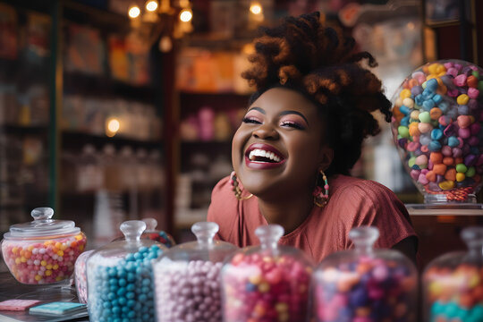 image of happy black woman with closed eyes at table with sweets and candies in shop against blurred background