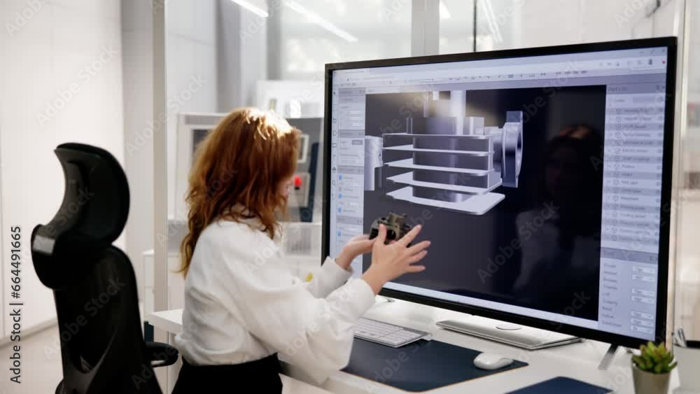 Poster engineer doing 3d cad model design on computer
