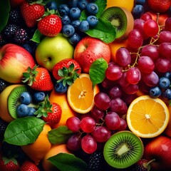 Naklejka na ściany i meble Mix of fresh berries and fruits. Healthy food background. Close up.