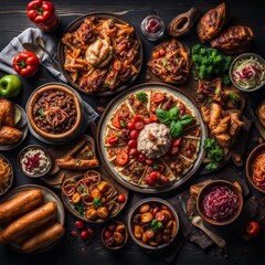 Fototapeta premium A table topped with plates and bowls of food, including a pizza in the center: This image shows a table topped with plates and bowls of food, including a pizza in the center. The other dishes on the t