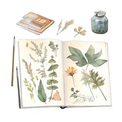 planner or bulletjournal with herbarium and photo on white background, Watercolor art illustration