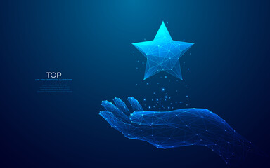 Digital star in abstract hand. Success concept. Low poly wireframe vector illustration with 3D effect in futuristic hologram blue style on technology background. Monochrome light vector illustration.