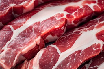 Macro shot of pork meat. Meat textured background. Beef steak is raw and juicy.