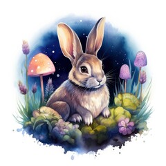 Watercolor Rabbit and Glowing Moon for T-shirt Design.